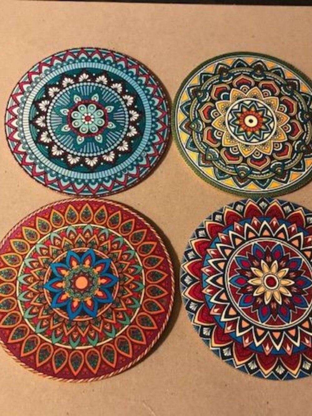 Wooden 4 pc Mixed Mandala Coaster Set Lotus Geometric Pattern India 111
